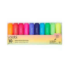 the yobi mini highlighters are in a display box with different colors and sizes