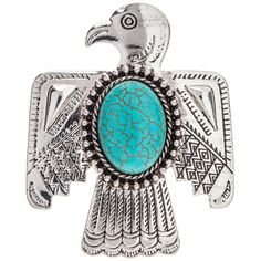 Add a quirky statement piece to your accessory collection with Thunderbird Pendant Brooch. This cool brooch is made of metal with a thunderbird shape, intricate carved details, and a turquoise accent in the center. Wear it on a vest and guide a chain through the loop on the back to wear as a necklace!       Details:          Length: 2 3/4"       Width: 2 1/8"  Metal Color: Silver         Card contains 1 brooch. American Stuff, Vintage Indian Jewelry, Fin Fun, Silver Card, American Symbols, Art Jewelry Design, Pendant Brooch, Turquoise Jewelry Native American, Turquoise Accents