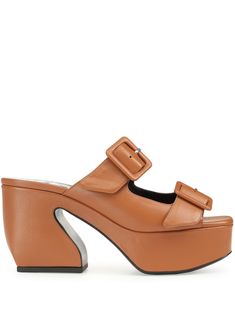 brown leather decorative buckle detailing slip-on style square open toe branded leather insole low sculpted heel leather sole Sandals Brown, Versace Outfit, Chanel 2, Summer Beach Wear, Sergio Rossi, Brown Sandals, Boots And Sneakers, Flat Boots, Ballet Flat Shoes