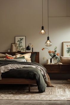 a bed room with a neatly made bed and two lamps hanging from the ceiling above it