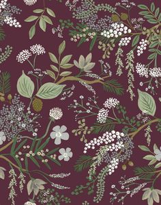 a floral wallpaper with white flowers and green leaves on a dark purple background,