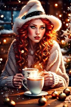 a painting of a woman holding a coffee cup in front of a christmas tree with lights