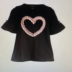 Toddler Girls Ruched Heart Top With Short Bell Sleeve Pink Heart Print Stretch Top, Black Heart Print T-shirt For Spring, Black Ruffled T-shirt For Spring, Cute Black Stretch T-shirt, Black Cotton Tops For Valentine's Day, Black Ruffled Crew Neck T-shirt, Black Heart Print Top For Spring, Black Heart Print Top For Valentine's Day, Spring Black Top With Heart Print