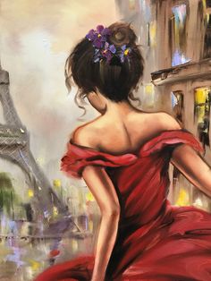 a painting of a woman in a red dress looking at the eiffel tower