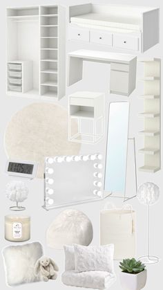 white furniture and accessories are arranged in a collage, including a mirror, dresser, bed, lamp, table, chair, bookshelf