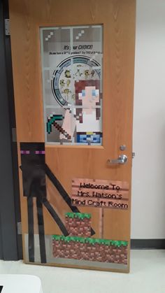 a door decorated to look like a minecraft character