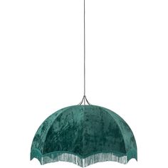 a green hanging light with fringes on it