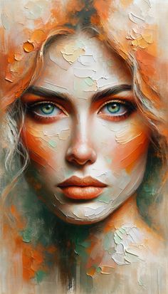 a painting of a woman's face with orange and white paint on the background