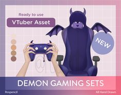 a person holding a game controller in front of a purple background with text reading ready to use vilber asset demon gaming sets