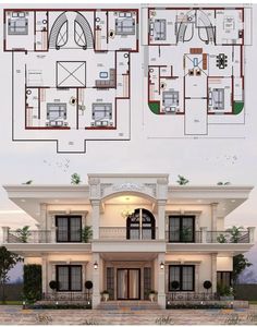 two story house plan with three balconies on each floor