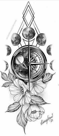 a compass tattoo design with flowers and planets on it's side, in black and white