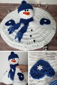 crocheted snowman with blue hat and scarf sitting on top of a table