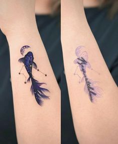 two tattoos on the arms of women with fish and stars