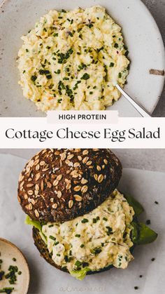 an egg salad is shown on top of a bagel with the words high protein cottage cheese egg salad above it