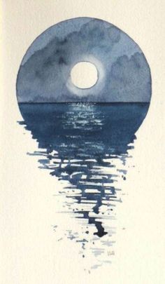 a watercolor painting of the moon rising over the ocean