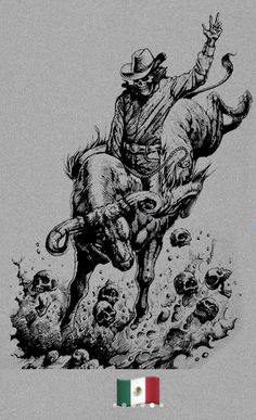 a drawing of a man riding a bull