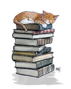 an orange and white cat sleeping on top of a stack of books