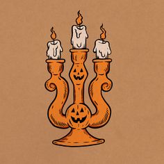 an orange candle holder with three candles in it and a jack - o'- lantern on top