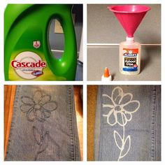 four different pictures showing how to make flower stencils on jean pants with sprayers