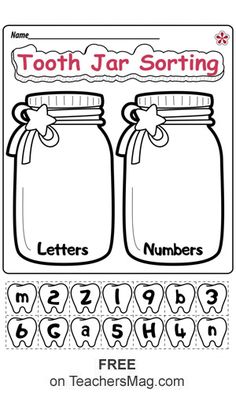 a printable tooth jar sorting worksheet with the letters and numbers in it