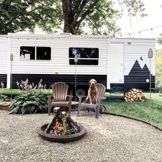 a dog sitting in front of a camper with chairs and fire pit on gravel