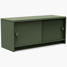 'Waterproof, fade-resistant, and maintenance-free, the Slider Credenza by Loll is an attractive, versatile outdoor storage solution. Its double sliding doors neatly conceal two generous compartments designed to store everything from outdoor cushions and garden supplies to sports equipment, toys, and more. Made from durable and easy-to-clean recycled plastic, its all-weather design will never need painting and can be left outside year-round. At the comfortable height of 18 inches, the credenza can easily double as a bench. Place it on a pool deck, patio, inside a garage, or in a mudroom. Made in U.S.A. All Loll outdoor furniture is made with at least 25% recycled high-density polyethylene (HDPE). Colored material is post-consumer recycled HDPE sourced mainly from single-use milk jugs, while Loll Outdoor Furniture, Lap 2 Door / 2 Drawer Credenza, Loll Furniture, Recycling Plant, Outdoor Storage Solutions, Credenza Design, Storage Furniture Living Room, Double Sliding Doors, Loll Designs