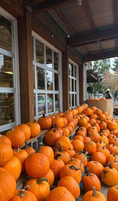 there are many pumpkins on the table outside