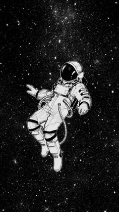 an astronaut floating in the space with stars around him and his hand on his hip