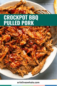 crockpot bbq pulled pork in a white bowl