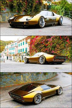 three different views of a gold colored car in the middle of two pictures, one showing it