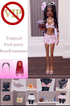 an image of a barbie doll with tropical pool party outfits and accessories in the background