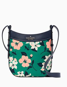 6.5"h x 9.6"w x 2"dstrap drop: 22"canvastrim: pebbled leathermetal pinmount logotwo way spade jacquard lininginterior: front slip pocketdrop in top zip closurestyle # k7307Color: Green Multi Elegant Spring Bag With Leather Trim, Elegant Bags With Leather Trim For Spring, Spring Travel Bag With Leather Trim, Spring Leather Bags With Leather Trim, Blue Purse, Disney Lover, North South, Fun Bags, Kate Spade Crossbody