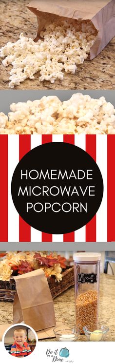 homemade microwave popcorn in a brown paper bag on a table with red and white stripes