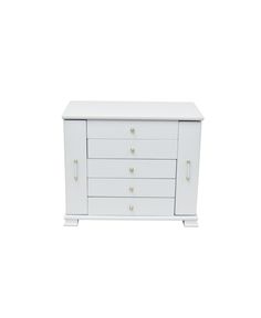 a white dresser with three drawers and gold knobs on the top, against a white background