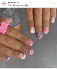 Designs For Super Short Nails, Mismatched Short Nails, Cute Short Nails Designs, Trendy Short Nail Designs, Short Nail Ideas, Cute Short Nails, Short Gel Nails, Simple Gel Nails, Summery Nails