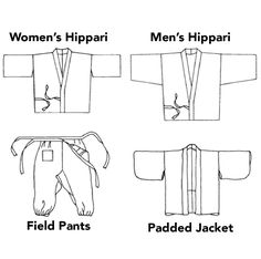 Misses 6-20 (Small - XLarge); Men's 32-44. Patterns and sewing instructions are included for three versatile and comfortable garments – the Hippari, sized for men and women; Monpei, or field pants, for women; and Padded Jacket for women. All are constructed in the time-honored way. The Hippari is a hip-length jacket that overlaps in front and ties at the side. Its front opening is finished with a neckband. Two different elbow-length sleeves are given: for women, a rectangular sleeve with small t Japanese Field, Organisation Dressing, Happy Anime, Japanese Workwear, Samurai Pants, Japanese Jacket, Japanese Sewing Patterns, Modern Kimono, Male Kimono