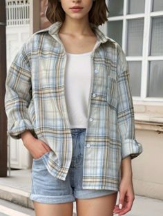 Women Casual Vintage Front Button Loose Shirt, For Daily Wear, Autumn Multicolor Casual  Long Sleeve Woven Fabric Plaid Shirt Non-Stretch  Women Clothing, size features are:Bust: ,Length: ,Sleeve Length: Film Fancy Dress, Loose Shirt, Striped Long Sleeve Shirt, Loose Shirts, Girls Denim, Shoulder Shirts, Wide Leg Denim, Inspiration Mode, Long Sleeve Sweatshirts