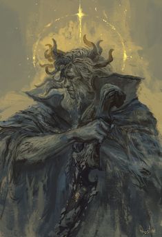 a painting of a demon with horns on it's head and arms wrapped around his body