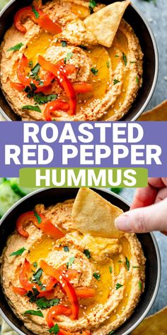 roasted red pepper hummus in a bowl with tortilla chips