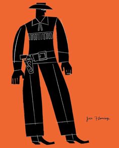 an orange background with a black and white drawing of a man in a cowboy outfit