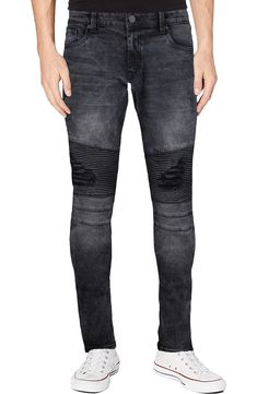 Moto stitching and tonal distressing adds an edgier look to skinny-fit jeans with a tapered leg for comfort in your day-off wardrobe. 13" leg opening; 9 3/4" front rise Zip fly with button closure 98% cotton, 2% elastane Machine wash, tumble dry Imported Model stats: 6'1" height, 32" waist. Mens Stretch Jeans, Athletic Fit Jeans, Moto Jeans, Biker Jeans, X Man, Mens Trends, Big And Tall Outfits, Stay Strong, Stylish Fashion