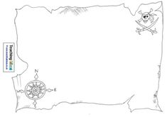 a drawing of a pirate map with an anchor and compass on the bottom right corner