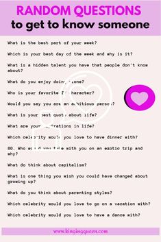 a pink and white poster with the words random questions to get to know someone on it