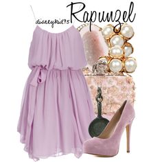 a purple dress and high heels are featured in this fashion ad for rappunel