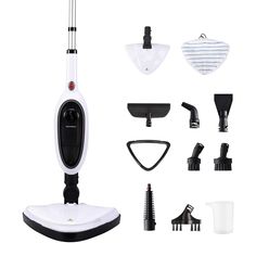 a white and black vacuum is shown with accessories