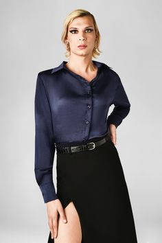 Our timeless button-up satin blouse is a true feminine statement piece. Subtly elegant for work one minute and flirtatiously playful the next. You can easily dress her up, down or sideways. For that chic & effortless vibe. Designed for the AMAB body such as the transgender woman or crossdresser. Blouse Size Chart, Satin Blouse, Stretch Satin, Women Tops, Skirt Top, Color Matching, New Fashion, New Dress, Button Up