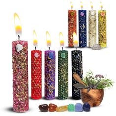 seven candles with different colors and shapes in front of each other on a white background