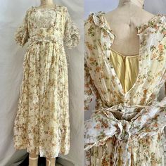 A most amazing dress! This 1910s floral gown is exquisite. The top layer is a sheer floral cotton voile. The front center bodice has a crochet panel. Wide waistband with a back bow. The bow is attached by snap on the right side and none on the other. One will have to be added to secure the bow. The under layer is an deliciously soft yellow cotton slip. The closure for the dress is a series of center back snaps and hooks. The underslip has the same and separate closure. There is a boned interior Summer Victorian Dress For Garden Party, Victorian Garden Party Summer Dress, Vintage Cream Prairie Dress For Garden Party, Vintage Prairie Dress For Summer Wedding, Vintage Maxi Prairie Dress For Garden Party, Vintage Summer Prairie Dress For Wedding, Spring Victorian Dress For Garden Party, Vintage Prairie Wedding Dress For Summer, Vintage Lace Patchwork Dress For Garden Party