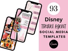 three disney travel agent social media templates with the title'89 disney travel agent social media templates '