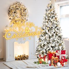 two christmas trees in front of a fireplace with presents under the tree and merry lettering